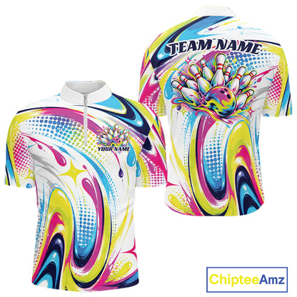 Custom Colorful Bowling Team Men Quarter Zip Shirt, Bowling League Outfit Team Jersey IPHW12762