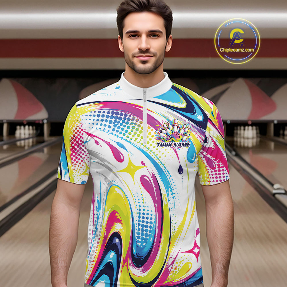 Custom Colorful Bowling Team Men Quarter Zip Shirt, Bowling League Outfit Team Jersey IPHW12762