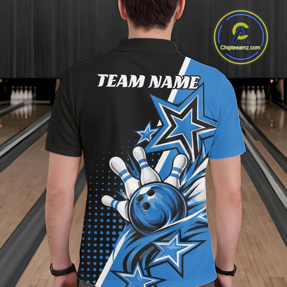 Custom Black And Blue Star Bowling Jersey, Bowling League Team Men Polo Shirt IPHW12769