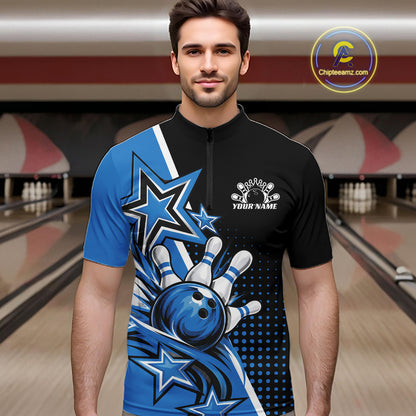 Custom Black And Blue Star Bowling Jersey, Bowling League Team Men Quarter Zip Shirt IPHW12769