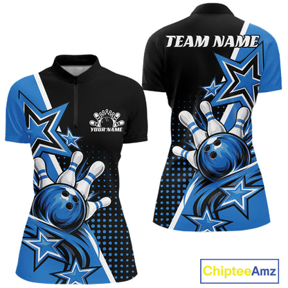 Custom Black And Blue Star Bowling Jersey, Bowling League Team Women Quarter-Zip Shirt IPHW12769
