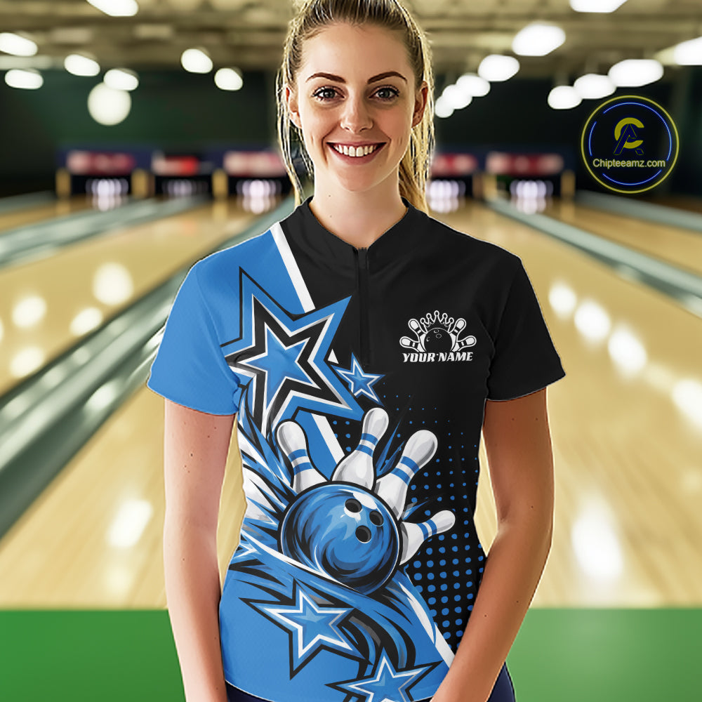 Custom Black And Blue Star Bowling Jersey, Bowling League Team Women Quarter-Zip Shirt IPHW12769