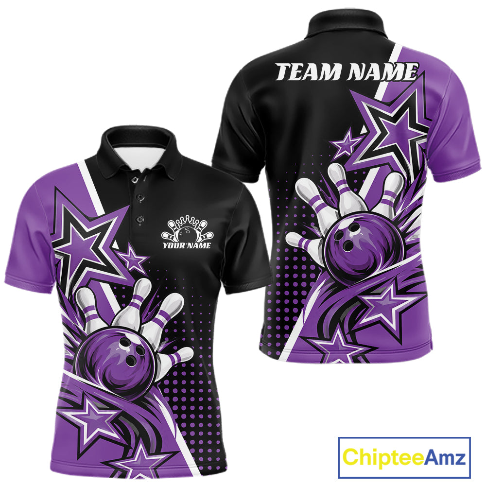 Custom Black And Purple Star Bowling Jersey, Bowling League Team Men Polo Shirt IPHW12770