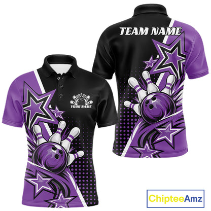 Custom Black And Purple Star Bowling Jersey, Bowling League Team Men Polo Shirt IPHW12770