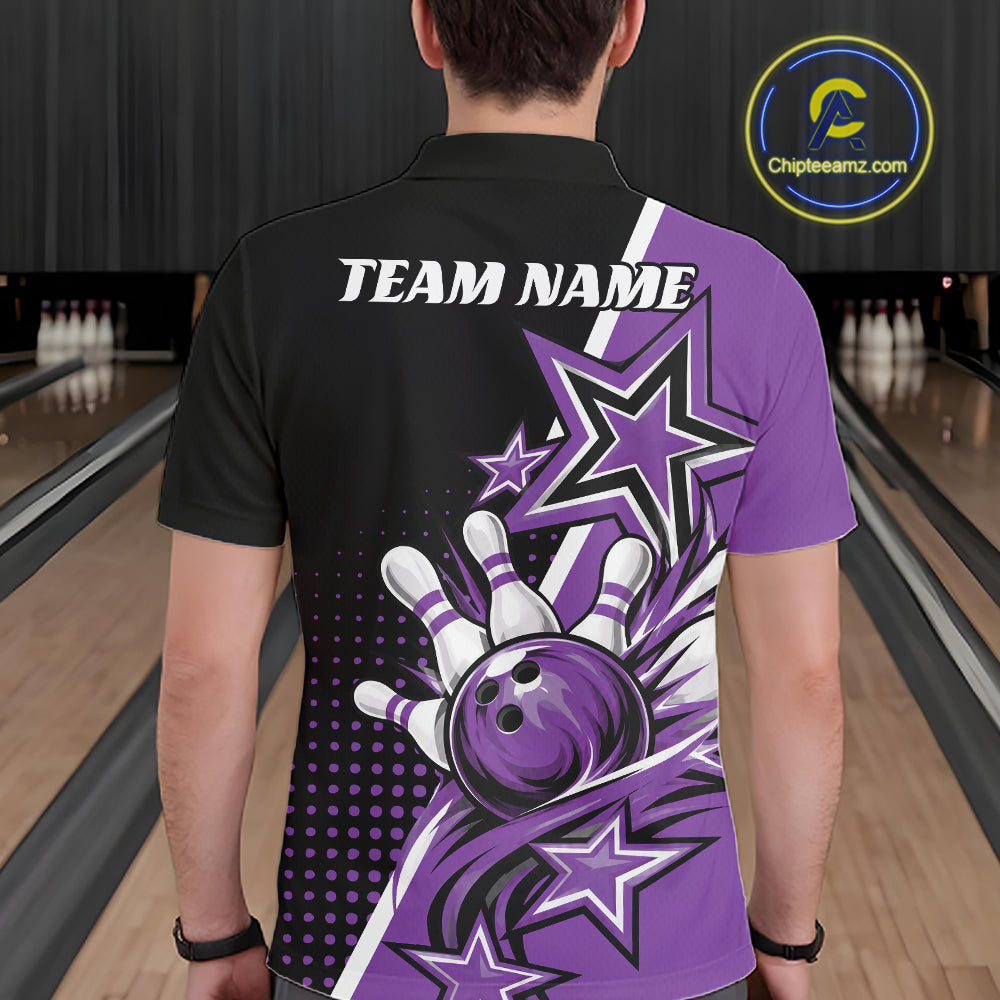 Custom Black And Purple Star Bowling Jersey, Bowling League Team Men Polo Shirt IPHW12770