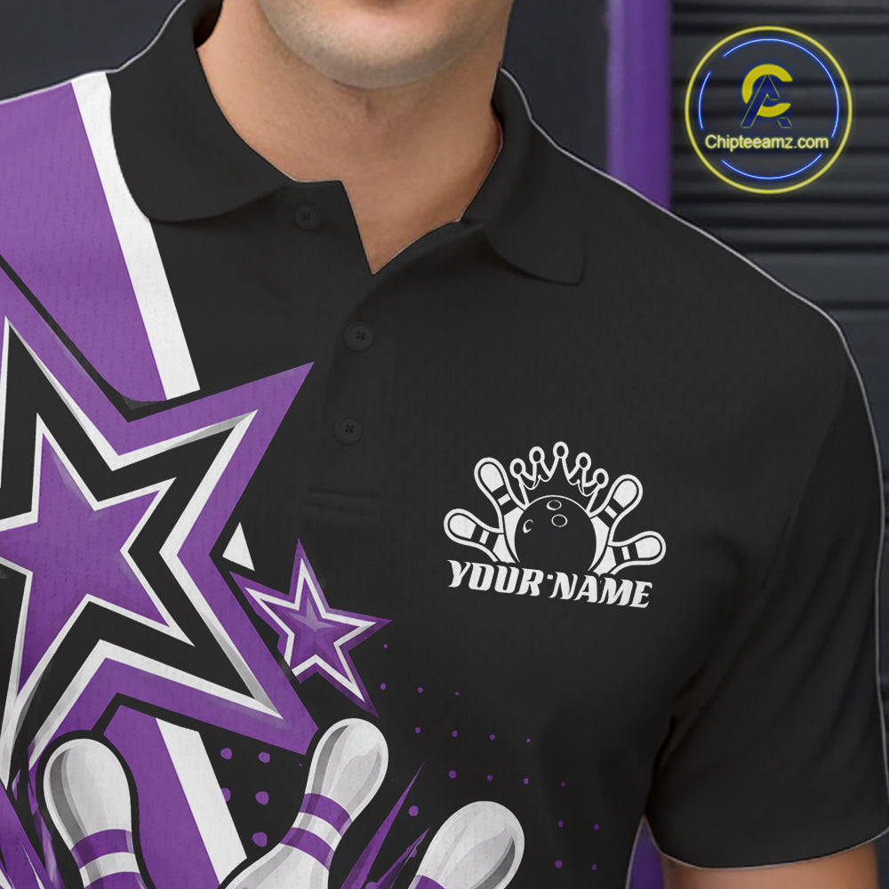 Custom Black And Purple Star Bowling Jersey, Bowling League Team Men Polo Shirt IPHW12770