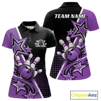 Custom Black And Purple Star Bowling Jersey, Bowling League Team Women Polo Shirt IPHW12770