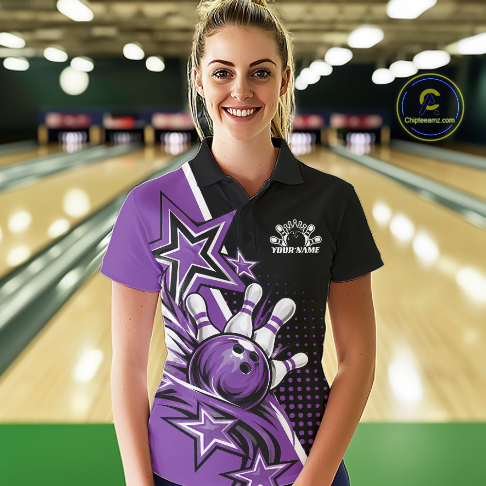 Custom Black And Purple Star Bowling Jersey, Bowling League Team Women Polo Shirt IPHW12770