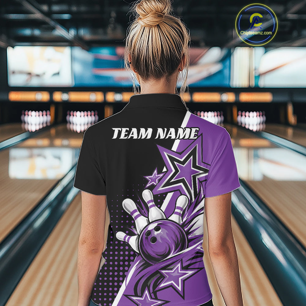 Custom Black And Purple Star Bowling Jersey, Bowling League Team Women Polo Shirt IPHW12770