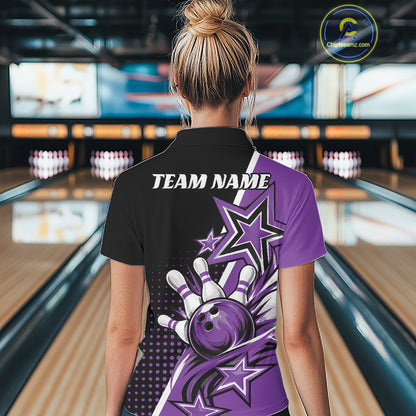 Custom Black And Purple Star Bowling Jersey, Bowling League Team Women Polo Shirt IPHW12770