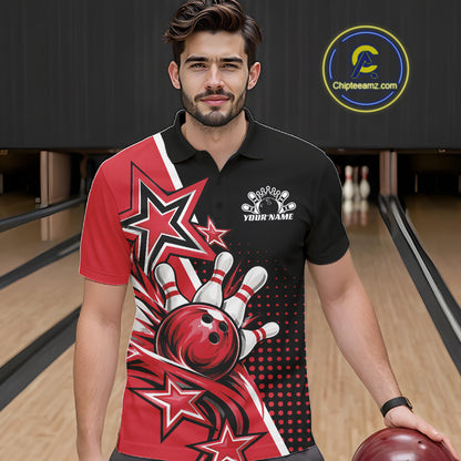 Custom Black And Red Star Bowling Jersey, Bowling League Team Men Polo Shirt IPHW12771