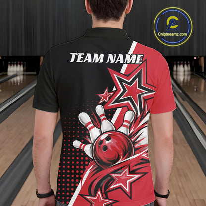 Custom Black And Red Star Bowling Jersey, Bowling League Team Men Polo Shirt IPHW12771