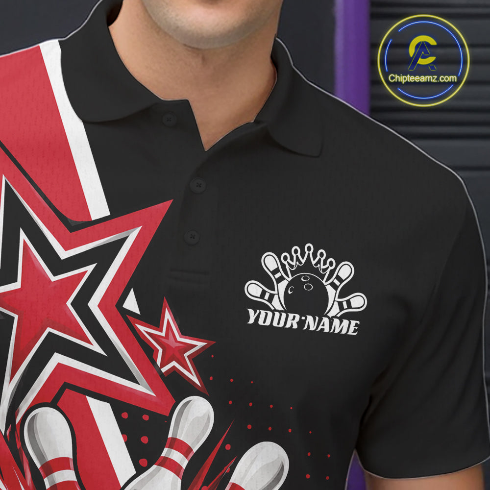 Custom Black And Red Star Bowling Jersey, Bowling League Team Men Polo Shirt IPHW12771