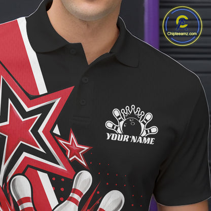 Custom Black And Red Star Bowling Jersey, Bowling League Team Men Polo Shirt IPHW12771
