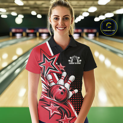 Custom Black And Red Star Bowling Jersey, Bowling League Team Women Polo Shirt IPHW12771