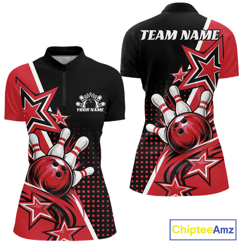 Custom Black And Red Star Bowling Jersey, Bowling League Team Women Quarter-Zip Shirt IPHW12771