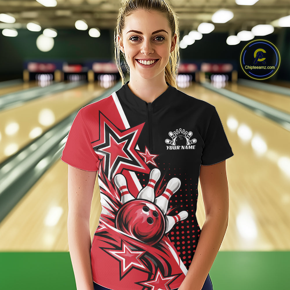 Custom Black And Red Star Bowling Jersey, Bowling League Team Women Quarter-Zip Shirt IPHW12771