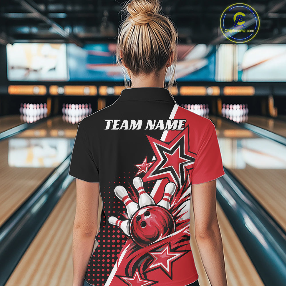 Custom Black And Red Star Bowling Jersey, Bowling League Team Women Quarter-Zip Shirt IPHW12771