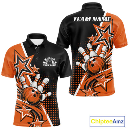 Custom Black And Orange Star Bowling Jersey, Bowling League Team Men Polo Shirt IPHW12772