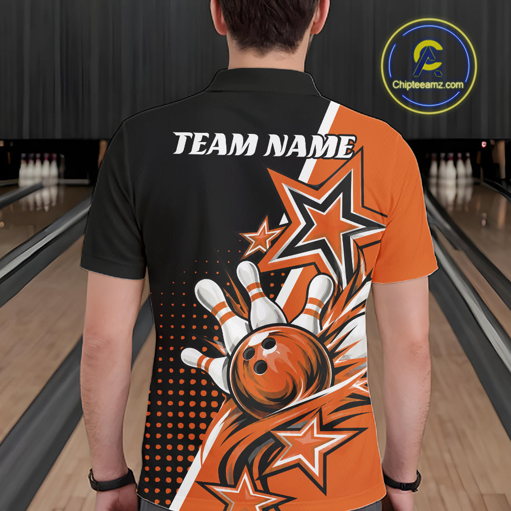 Custom Black And Orange Star Bowling Jersey, Bowling League Team Men Polo Shirt IPHW12772