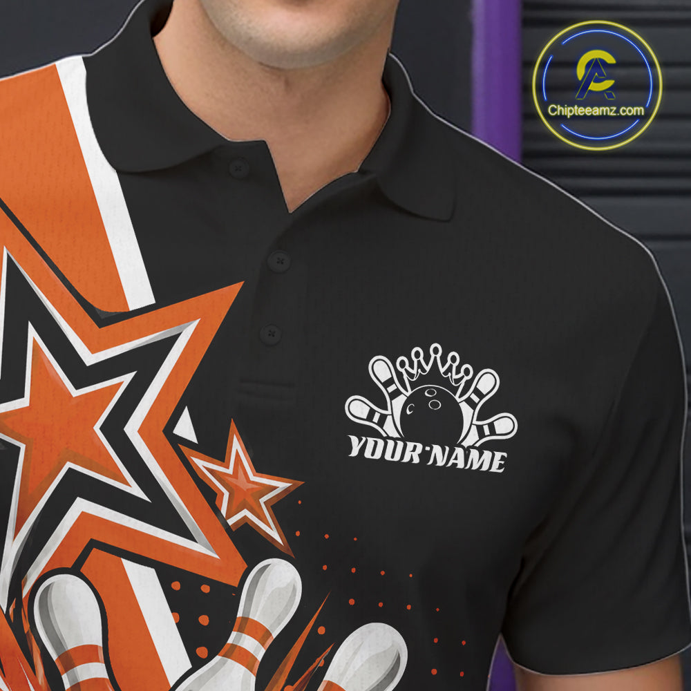 Custom Black And Orange Star Bowling Jersey, Bowling League Team Men Polo Shirt IPHW12772