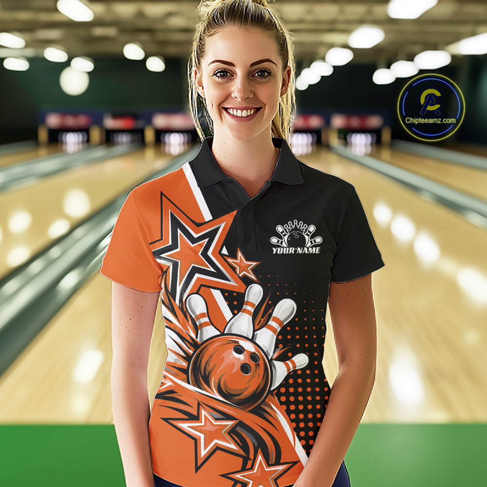 Custom Black And Orange Star Bowling Jersey, Bowling League Team Women Polo Shirt IPHW12772