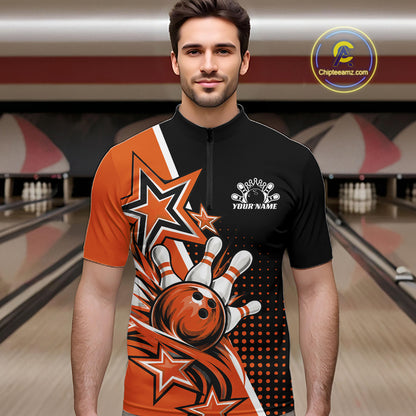 Custom Black And Orange Star Bowling Jersey, Bowling League Team Men Quarter Zip Shirt IPHW12772
