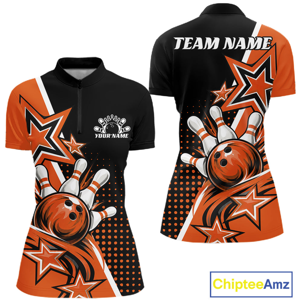 Custom Black And Orange Star Bowling Jersey, Bowling League Team Women Quarter-Zip Shirt IPHW12772