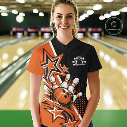 Custom Black And Orange Star Bowling Jersey, Bowling League Team Women Quarter-Zip Shirt IPHW12772