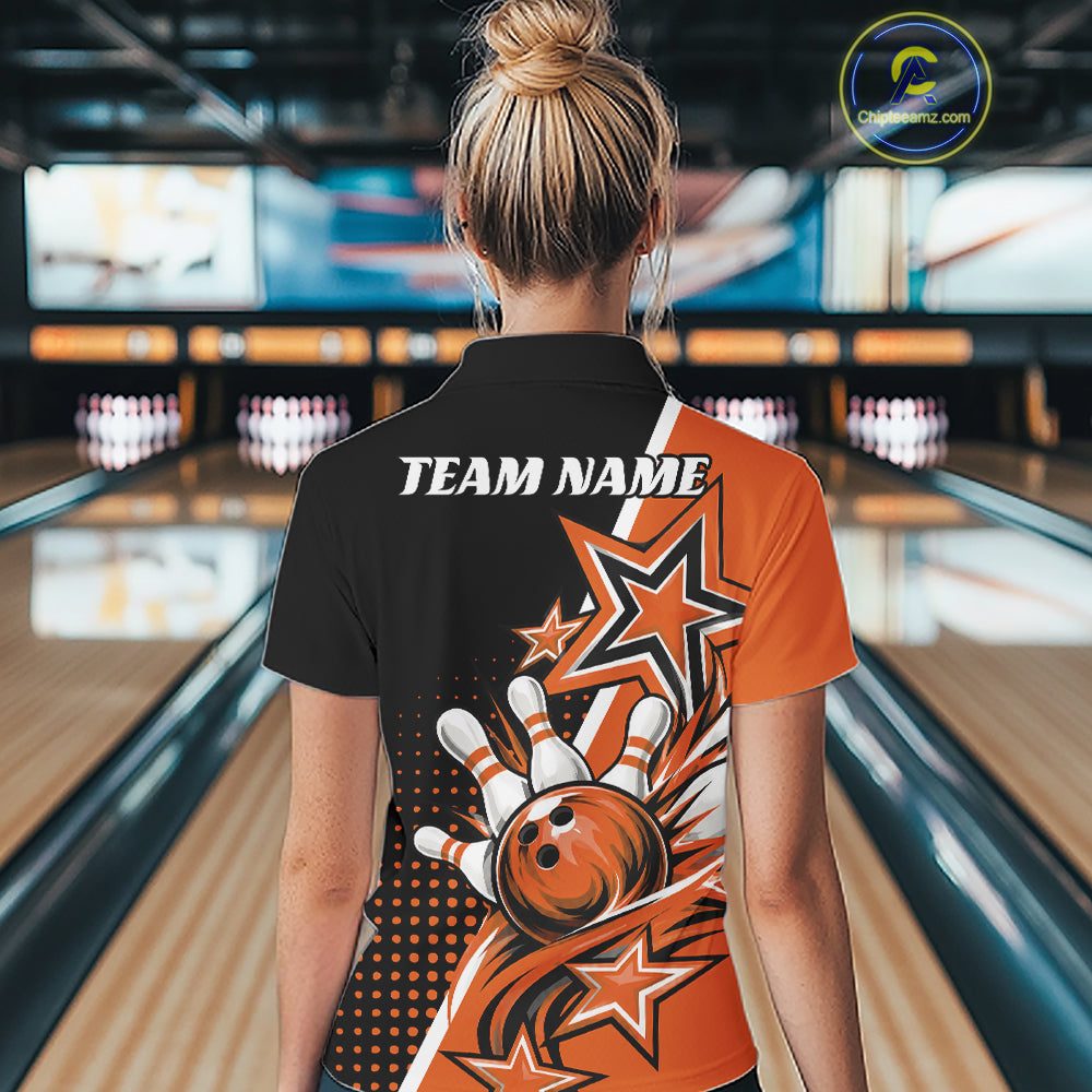 Custom Black And Orange Star Bowling Jersey, Bowling League Team Women Quarter-Zip Shirt IPHW12772