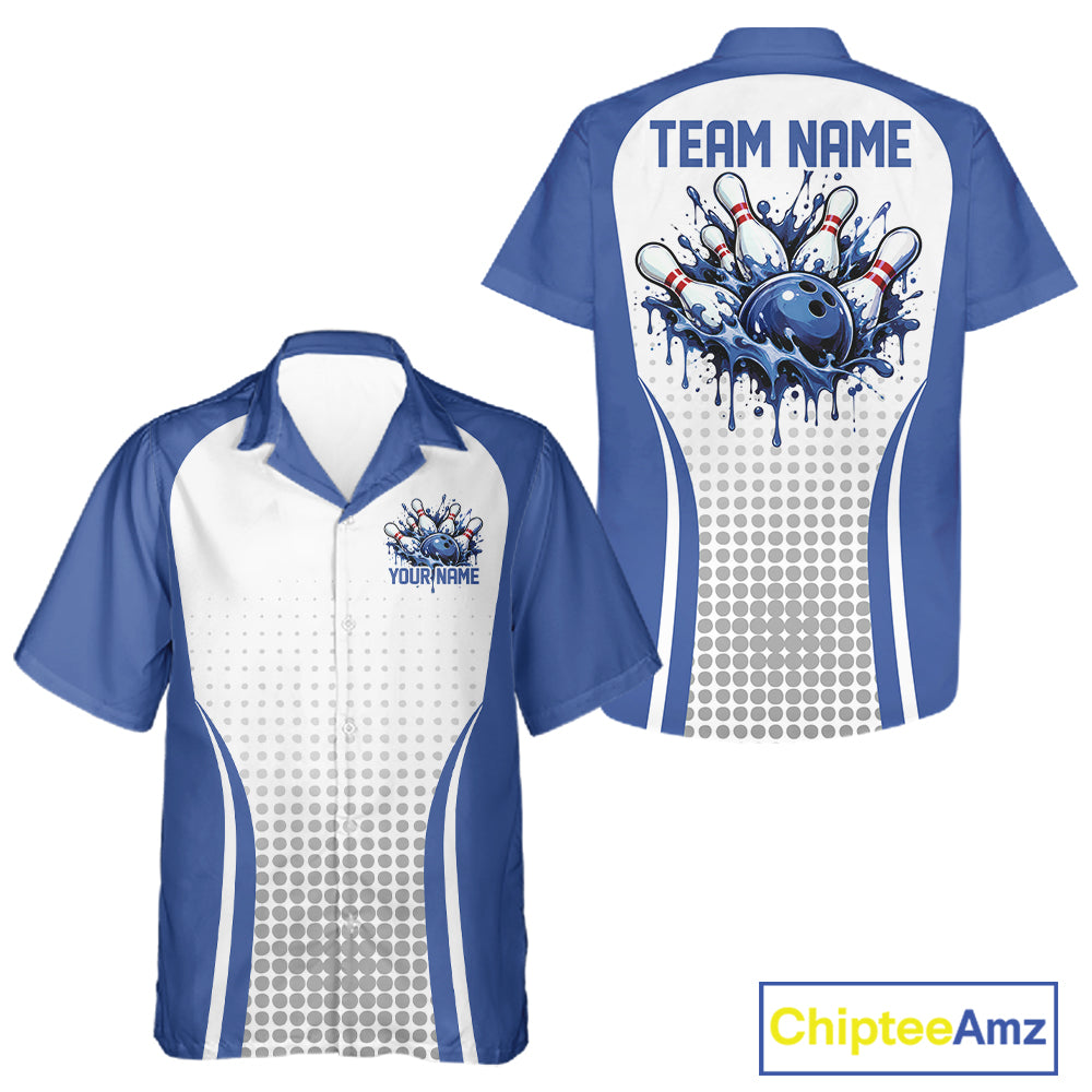 Custom White And Blue Dripping Bowling League Men And Women Button Up Shirt, Team Tournament Jersey IPHW12774