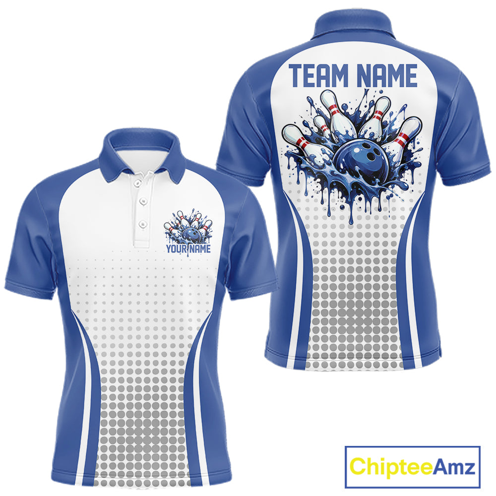 Custom White And Blue Dripping Bowling League Men Polo Shirt, Team Tournament Jersey IPHW12774