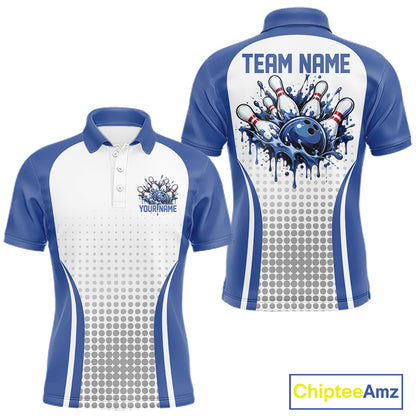 Custom White And Blue Dripping Bowling League Men Polo Shirt, Team Tournament Jersey IPHW12774