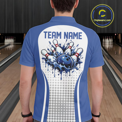 Custom White And Blue Dripping Bowling League Men Polo Shirt, Team Tournament Jersey IPHW12774