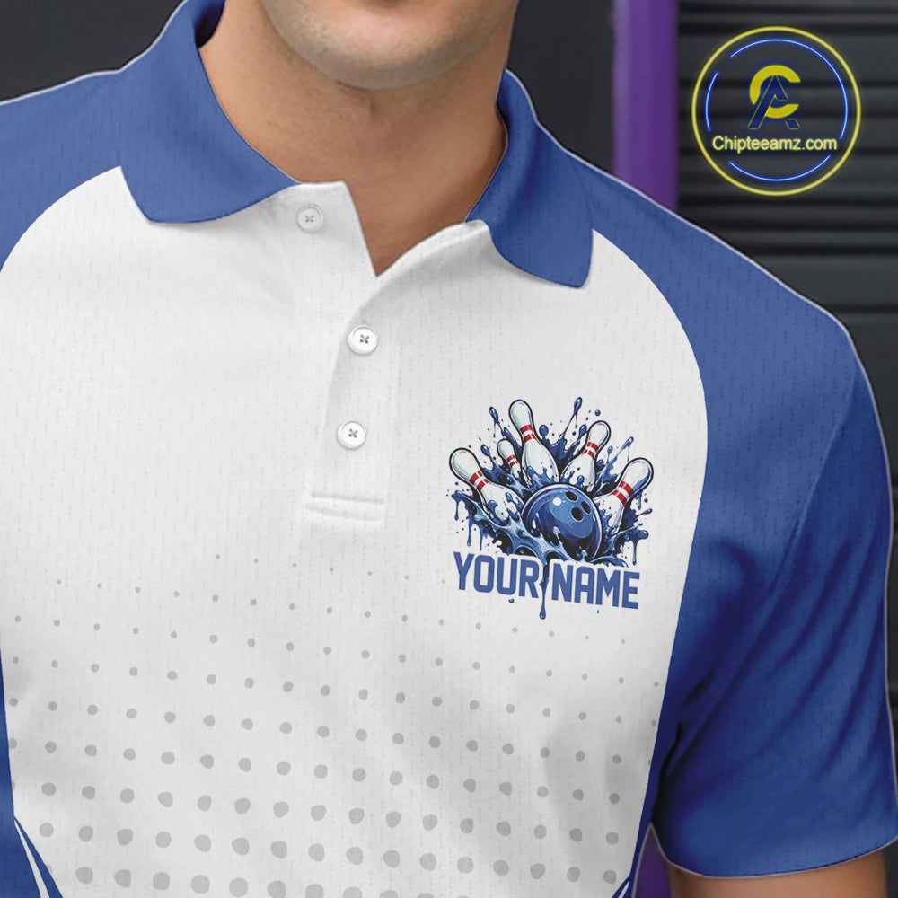 Custom White And Blue Dripping Bowling League Men Polo Shirt, Team Tournament Jersey IPHW12774