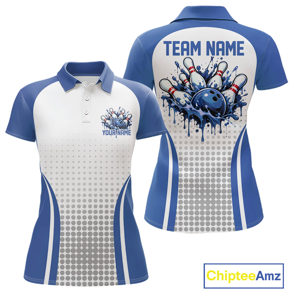 Custom White And Blue Dripping Bowling League Women Polo Shirt, Team Tournament Jersey IPHW12774