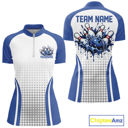 Custom White And Blue Dripping Bowling League Women Quarter-Zip Shirt, Tournament Jersey IPHW12774