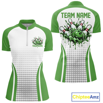 Custom White Green Dripping Bowling League Women Quarter-Zip Shirt, Tournament Jersey IPHW12775