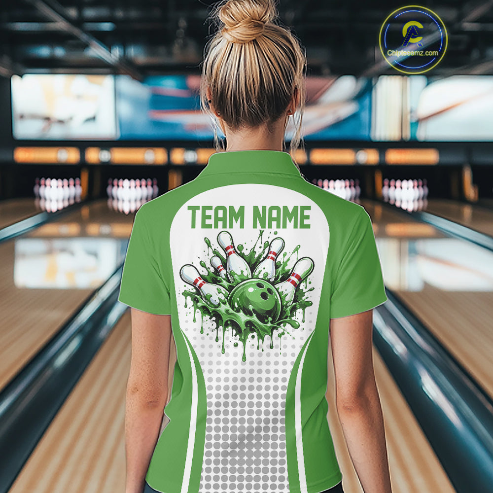 Custom White Green Dripping Bowling League Women Quarter-Zip Shirt, Tournament Jersey IPHW12775