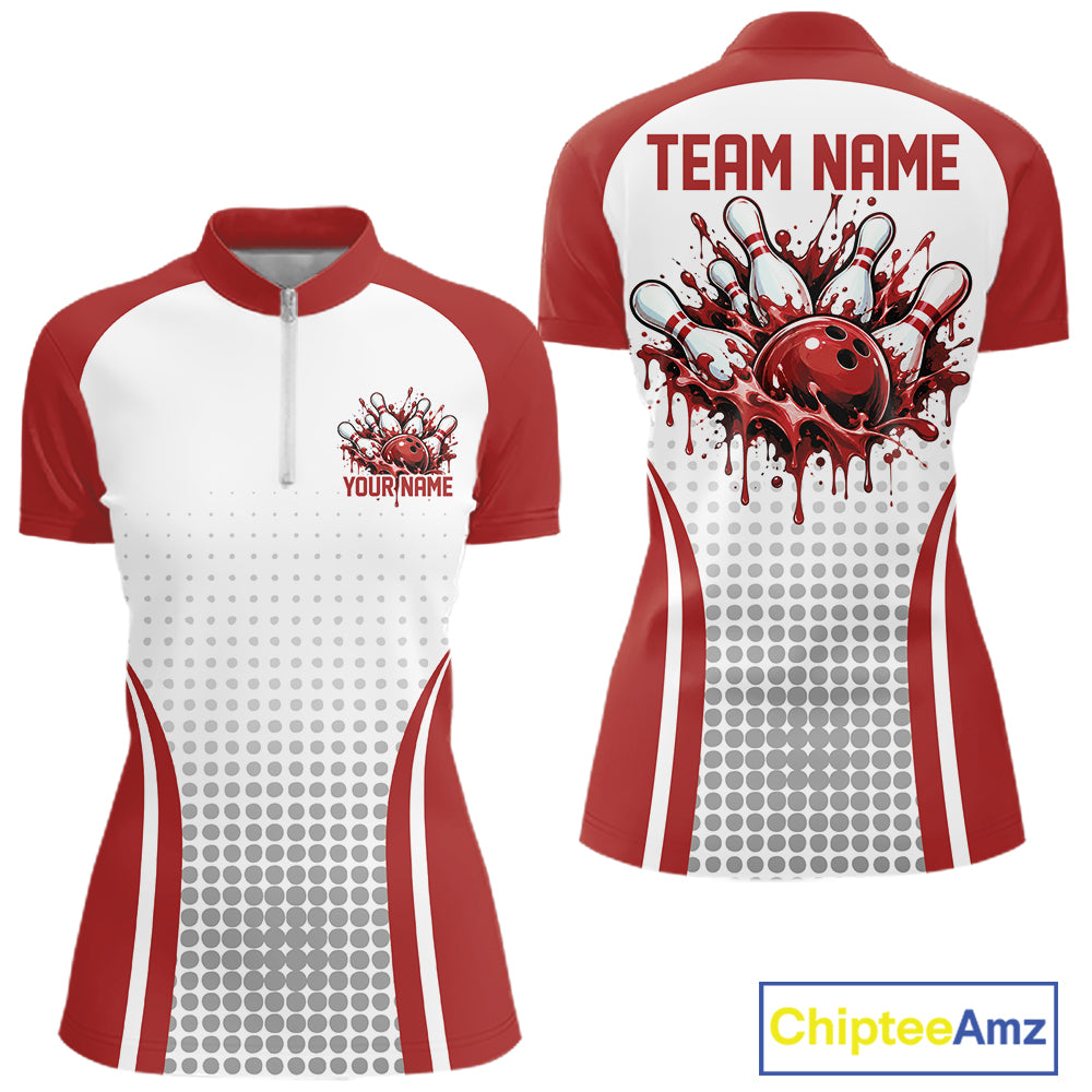 Custom White Red Dripping Bowling League Women Quarter-Zip Shirt, Team Tournament Jersey IPHW12776