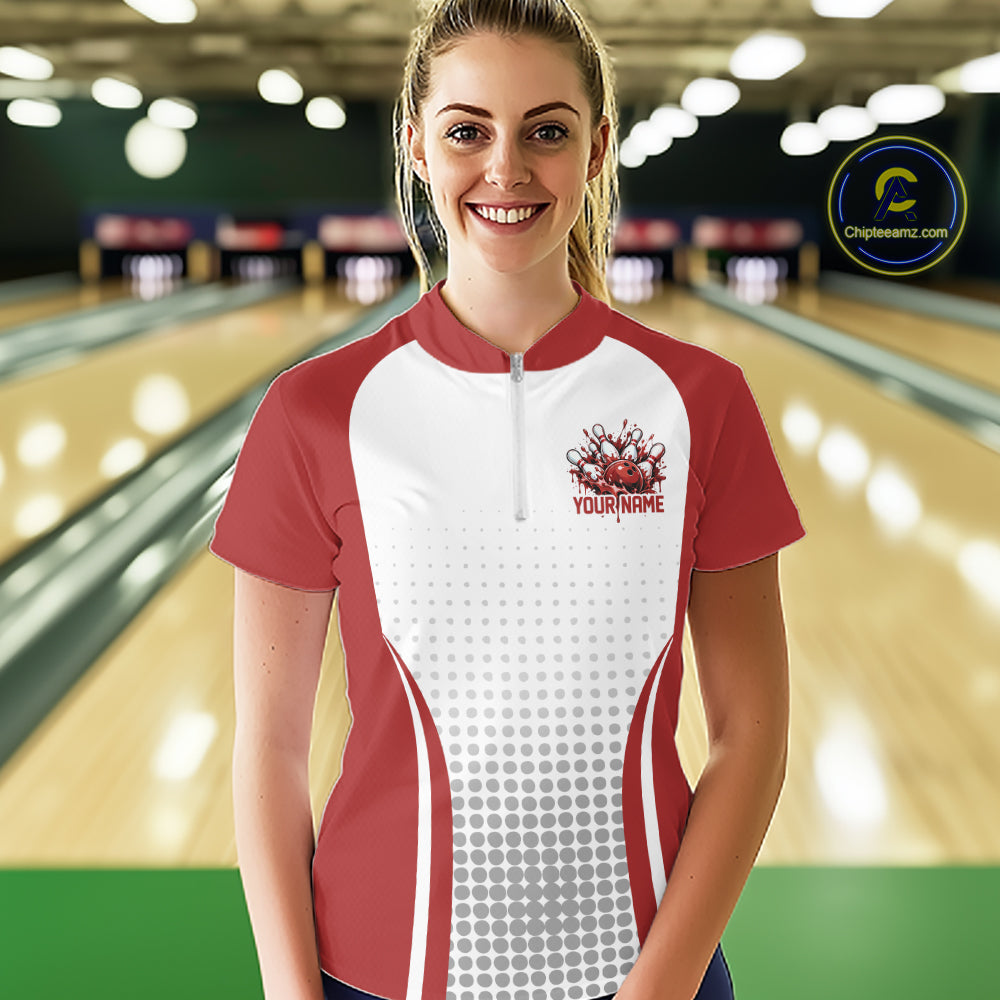 Custom White Red Dripping Bowling League Women Quarter-Zip Shirt, Team Tournament Jersey IPHW12776