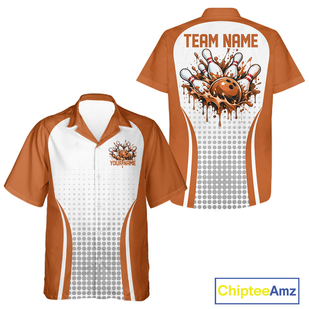 Custom White And Orange Dripping Bowling League Men And Women Button Up Shirt, Team Tournament Jersey IPHW12777