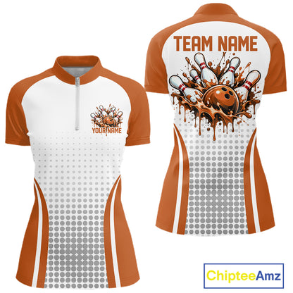 Custom White Orange Dripping Bowling League Women Quarter-Zip Shirt, Tournament Jersey IPHW12777