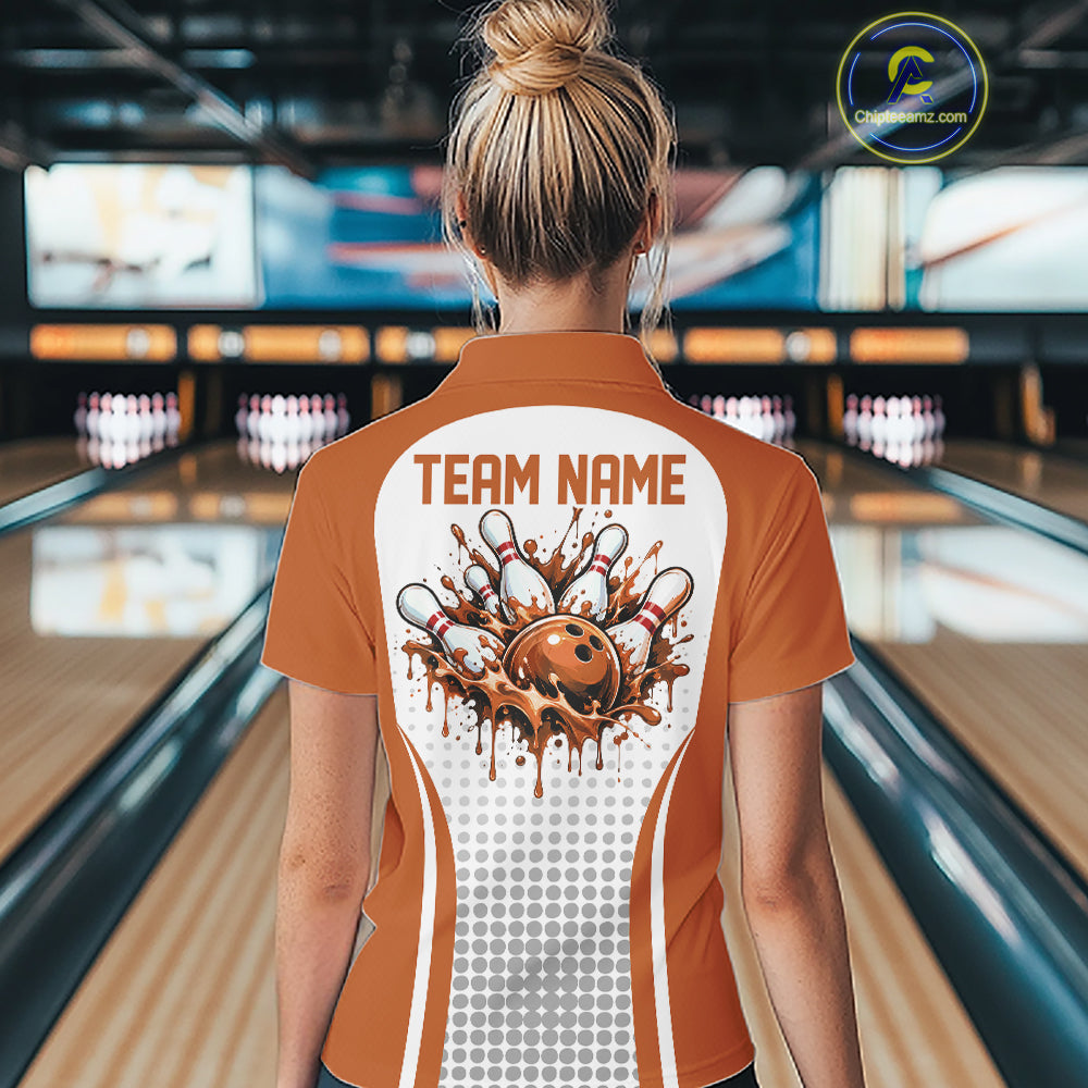 Custom White Orange Dripping Bowling League Women Quarter-Zip Shirt, Tournament Jersey IPHW12777