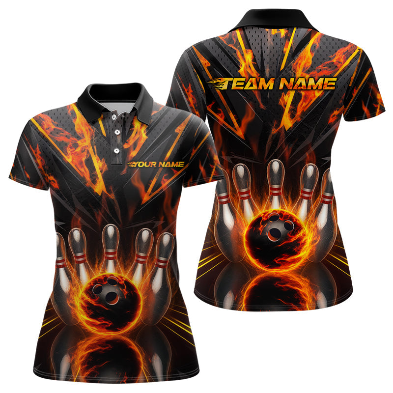 Custom Flaming Bowling Polo Shirts For Women, Flame On Black Bowling Team Shirt Outfits IPHW8009