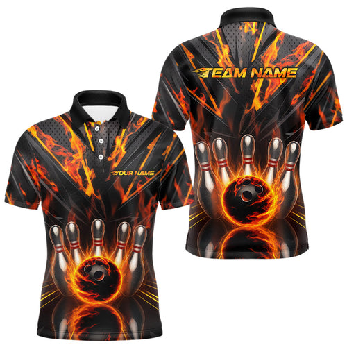 Custom Flaming Bowling Polo Shirts For Men, Flame On Black Bowling Team Shirt Outfits IPHW8009