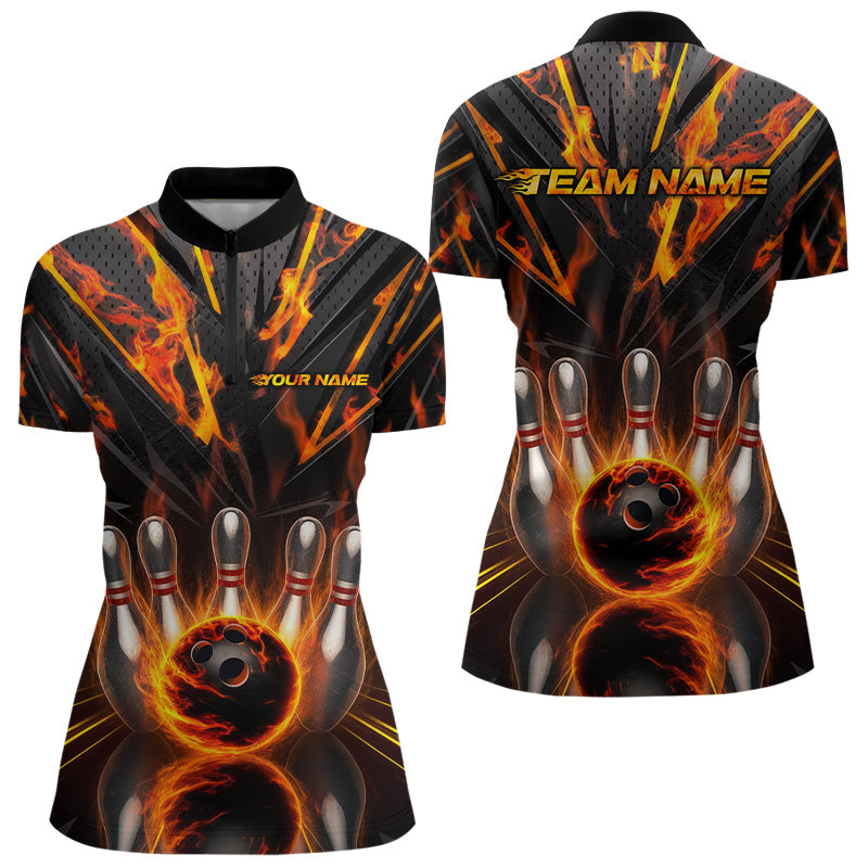 Custom Flaming Bowling Quarter-Zip Shirts For Women, Flame On Black Bowling Team Shirt Outfits IPHW8009
