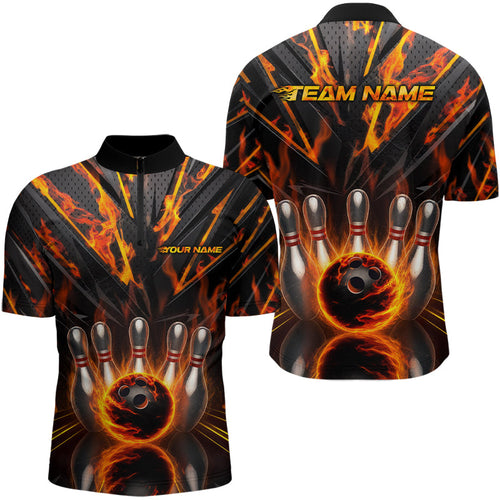Custom Flaming Bowling Quarter-Zip Shirts For Men, Flame On Black Bowling Team Shirt Outfits IPHW8009