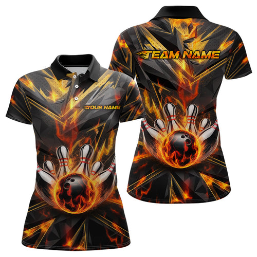Custom Flaming Bowling Polo Shirts For Women, Fire On Black Bowling Team Shirt Outfits IPHW8010