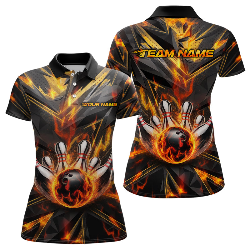 Custom Flaming Bowling Polo Shirts For Women, Fire On Black Bowling Team Shirt Outfits IPHW8010